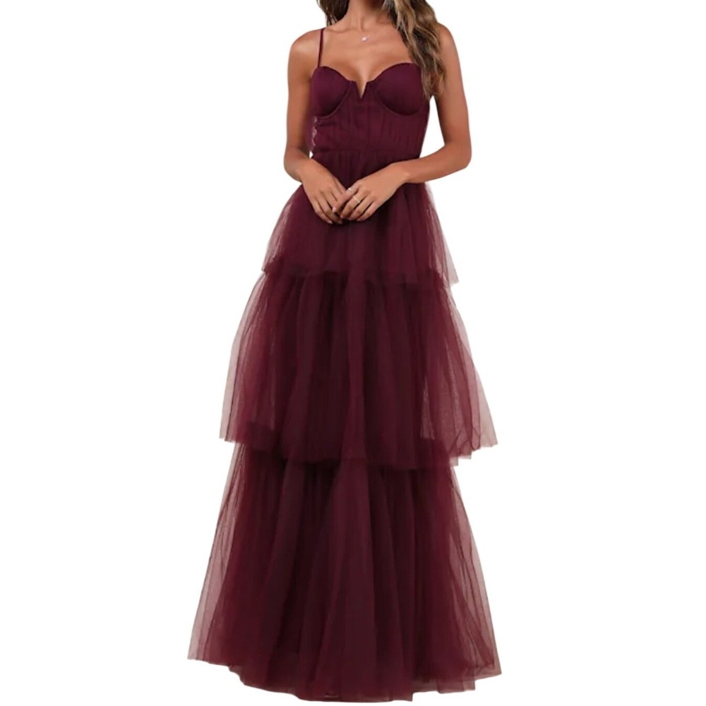 Lulu's Burgundy Tiered Tulle Maxi Dress